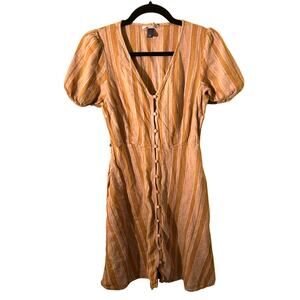 Universal Thread Gold Linen Striped Button Midi Dress Small Pockets Whimsigoth